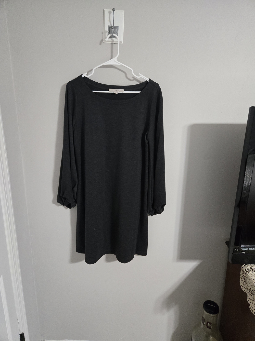 LOFT Black Midi Shift Dress with Gathered Cuffs